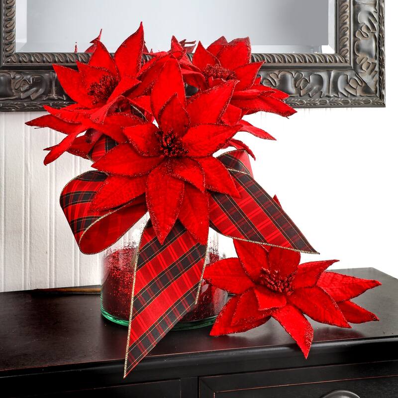 24" Velvet Glit Edge Jwl Poinsettia Stem Set of 3
