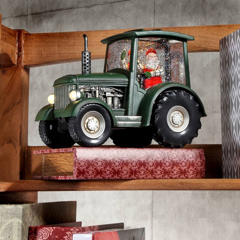 9" LED Battery Operated Timer Santa In Tractor Water Globe