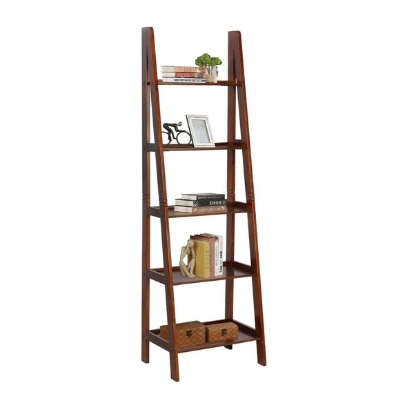 GTU Furniture 5 Wall Shelf Ladder Cherry Wood Bookshelf Plant Stand Storage Display
