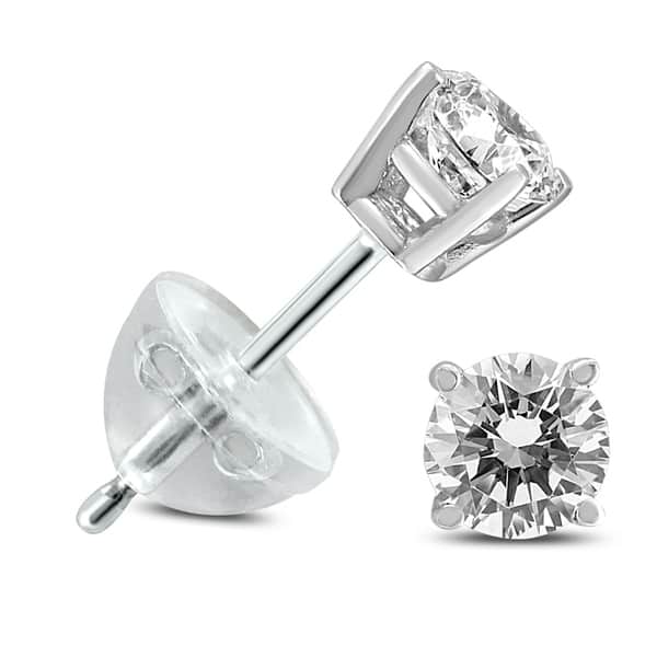 slide 1 of 3, .18CTW Round Diamond Solitaire Stud Earrings In 14k White Gold with Silicon Backs
