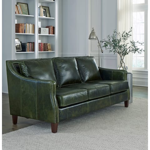 Essex Distressed Green Top Grain Leather Upholstered Vintage Sofa