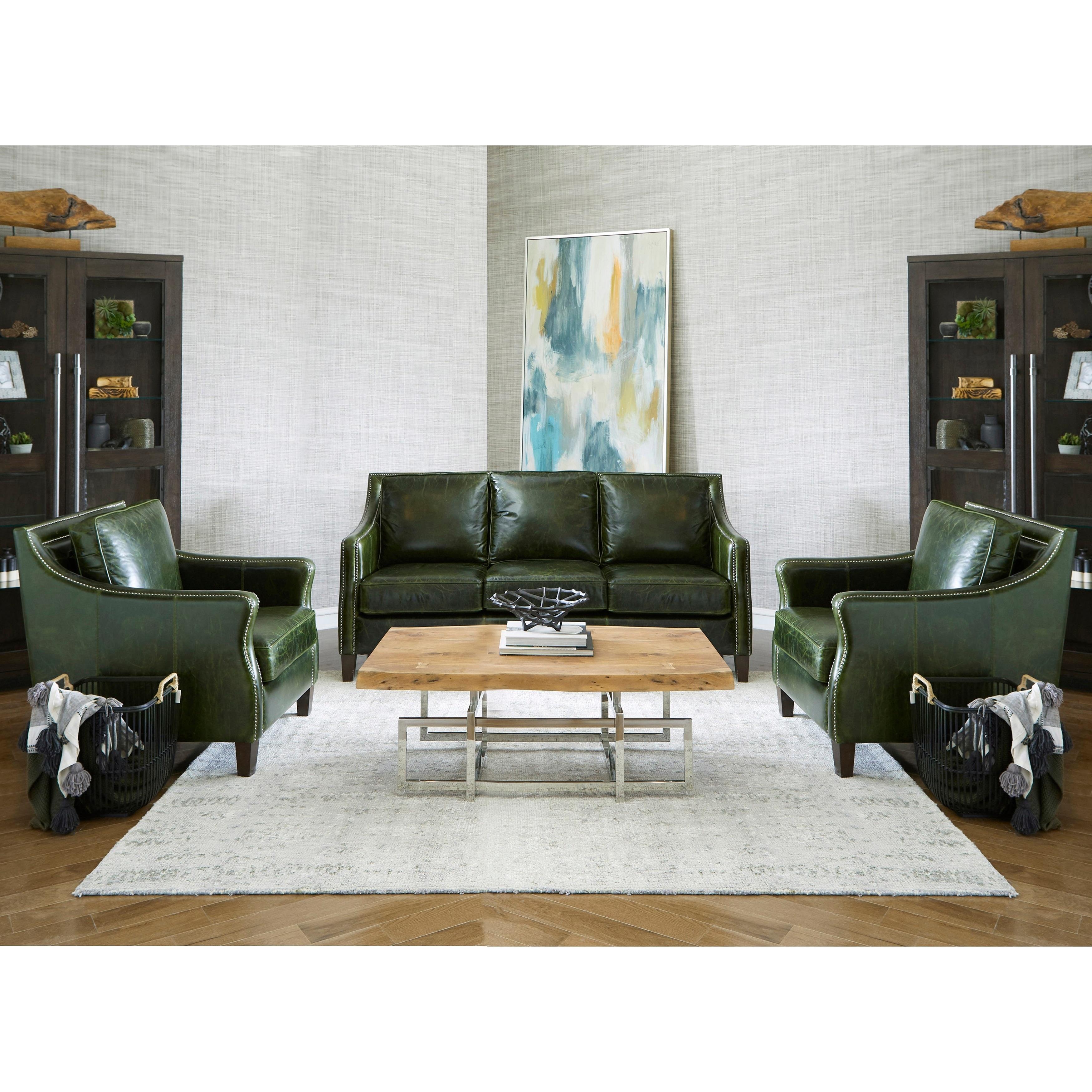 Es Distressed Green Top Grain Leather Sofa And Two Chairs Top Grain Leather Sofa And Two Chairs