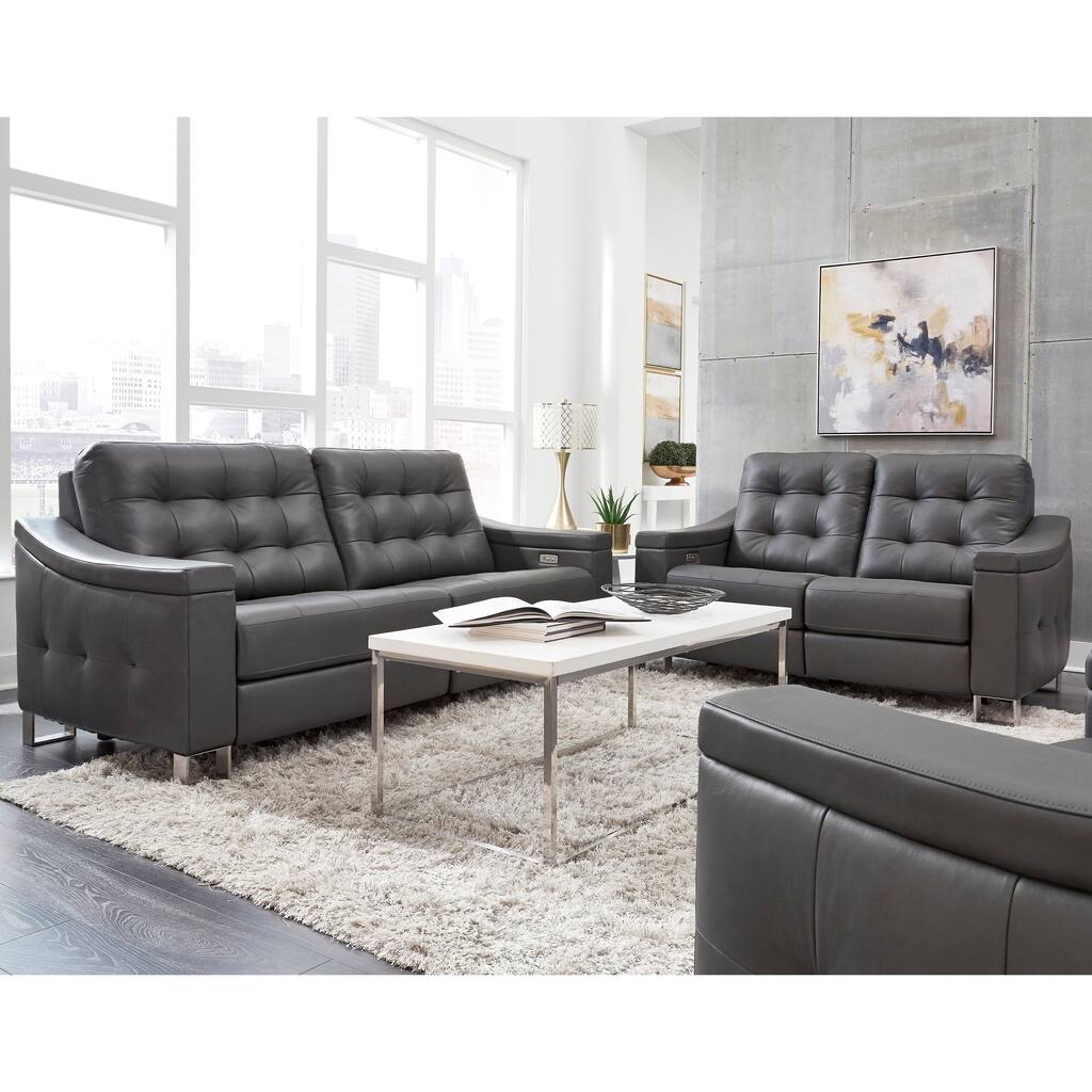 Evans Grey Top Grain Leather Power Reclining Tufted Sofa and Loveseat Set