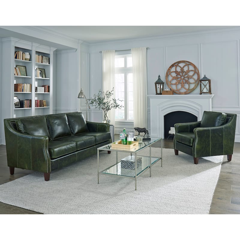 Essex Distressed Green Top Grain Leather Sofa and Chair Set