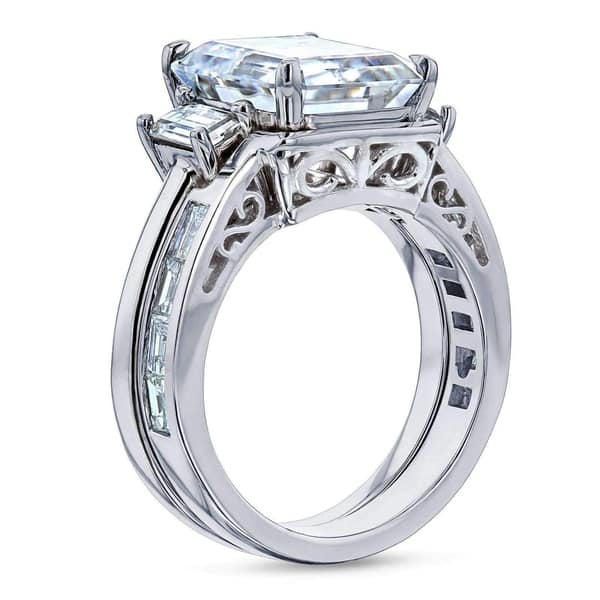 slide 1 of 7, Annello by Kobelli 14k White Gold 6 Carats TGW 3-Stone Emerald Forever One Moissanite and Baguette Diamond Bridal Rings Set