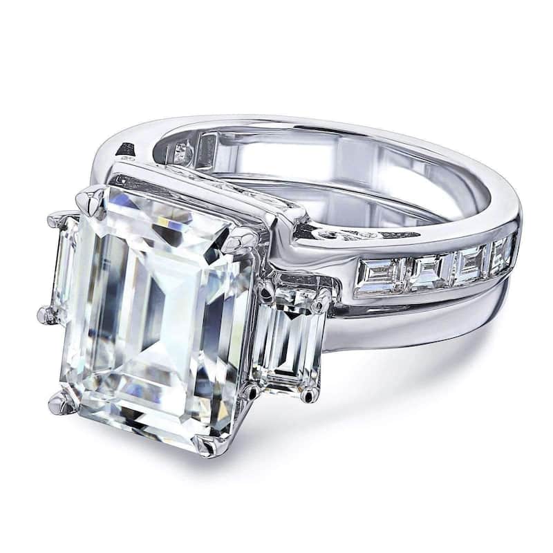Annello by Kobelli 14k White Gold 6 Carats TGW 3-Stone Emerald Forever One Moissanite and Baguette Diamond Bridal Rings Set
