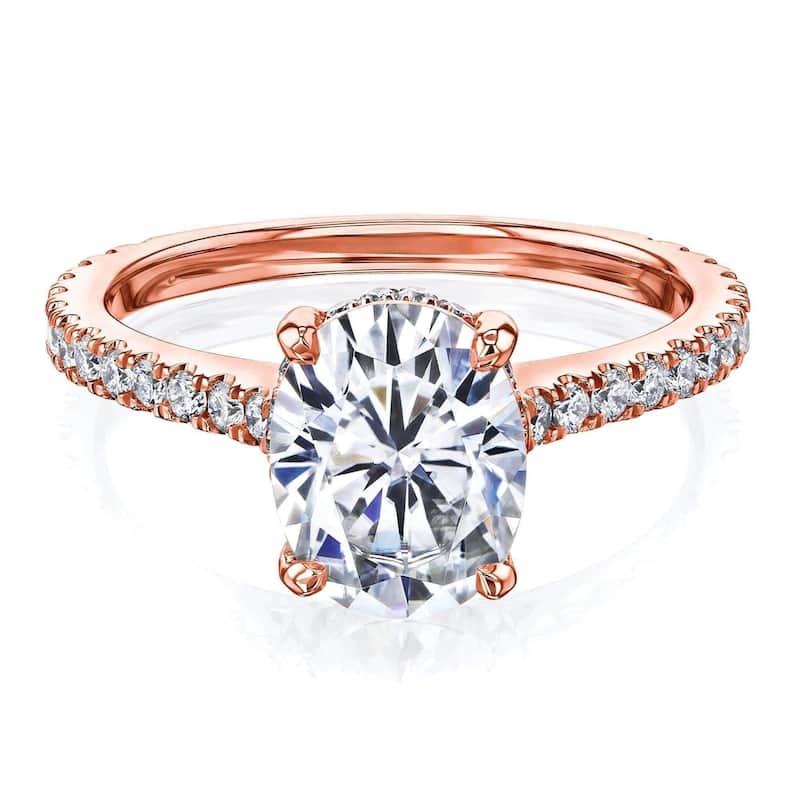 Annello by Kobelli - The 2.5ct Bristol 14k Solid Gold Oval Moissanite & Natural Diamond Drop Halo Comfort Fit Engagement Ring - 7.5 - Rose