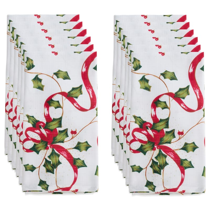 Christmas Table Napkins With Holly and Ribbon Design (Set of 12)