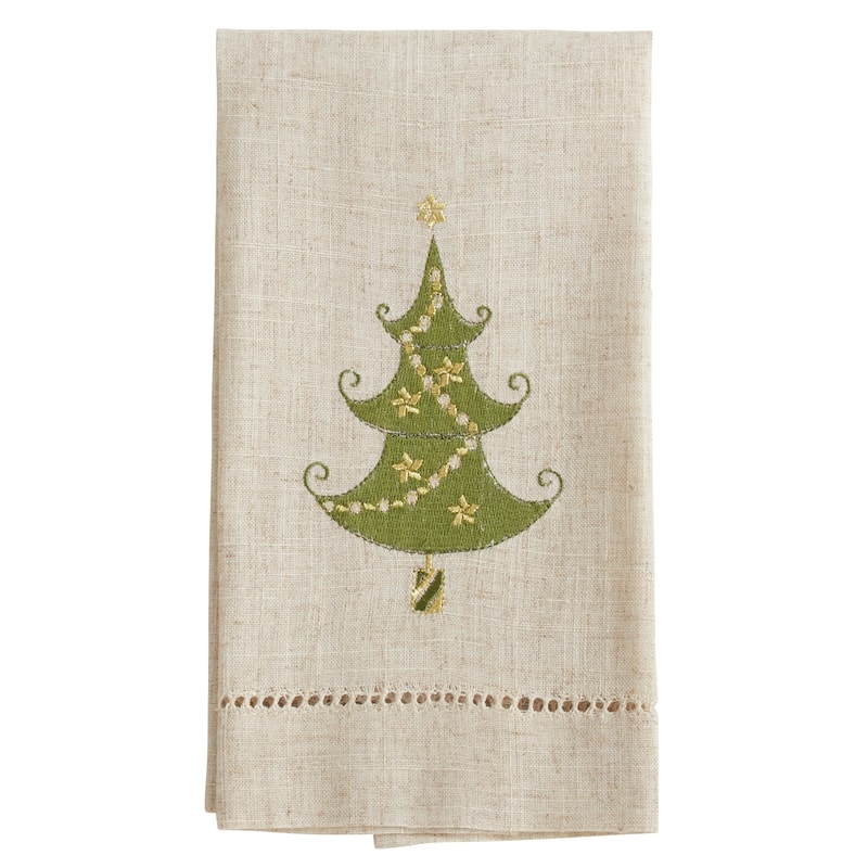 Lighted Christmas Tree Design Embroidered and Hemstitched Guest Towels (Set of 4)