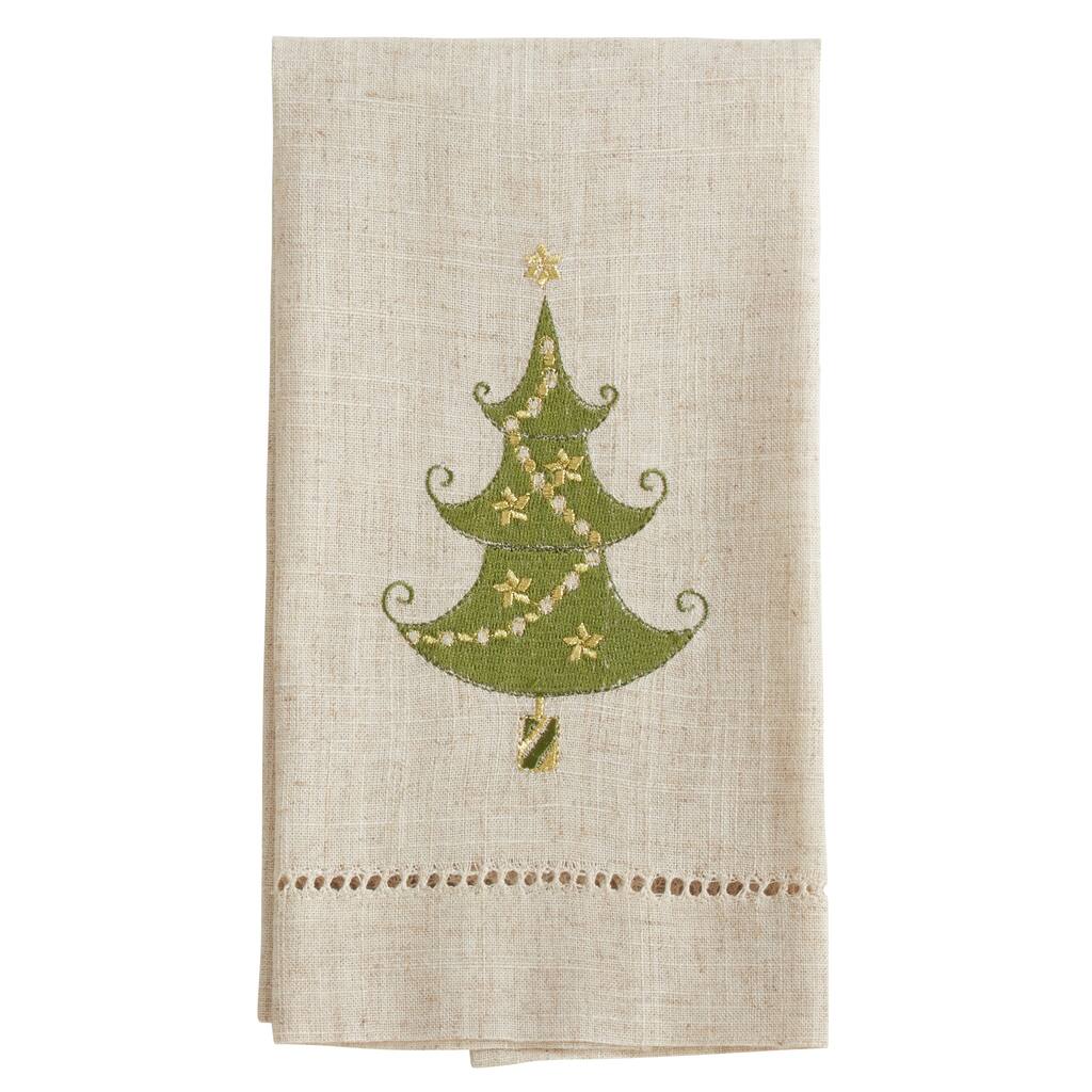Lighted Christmas Tree Design Embroidered and Hemstitched Guest Towels (Set of 4)
