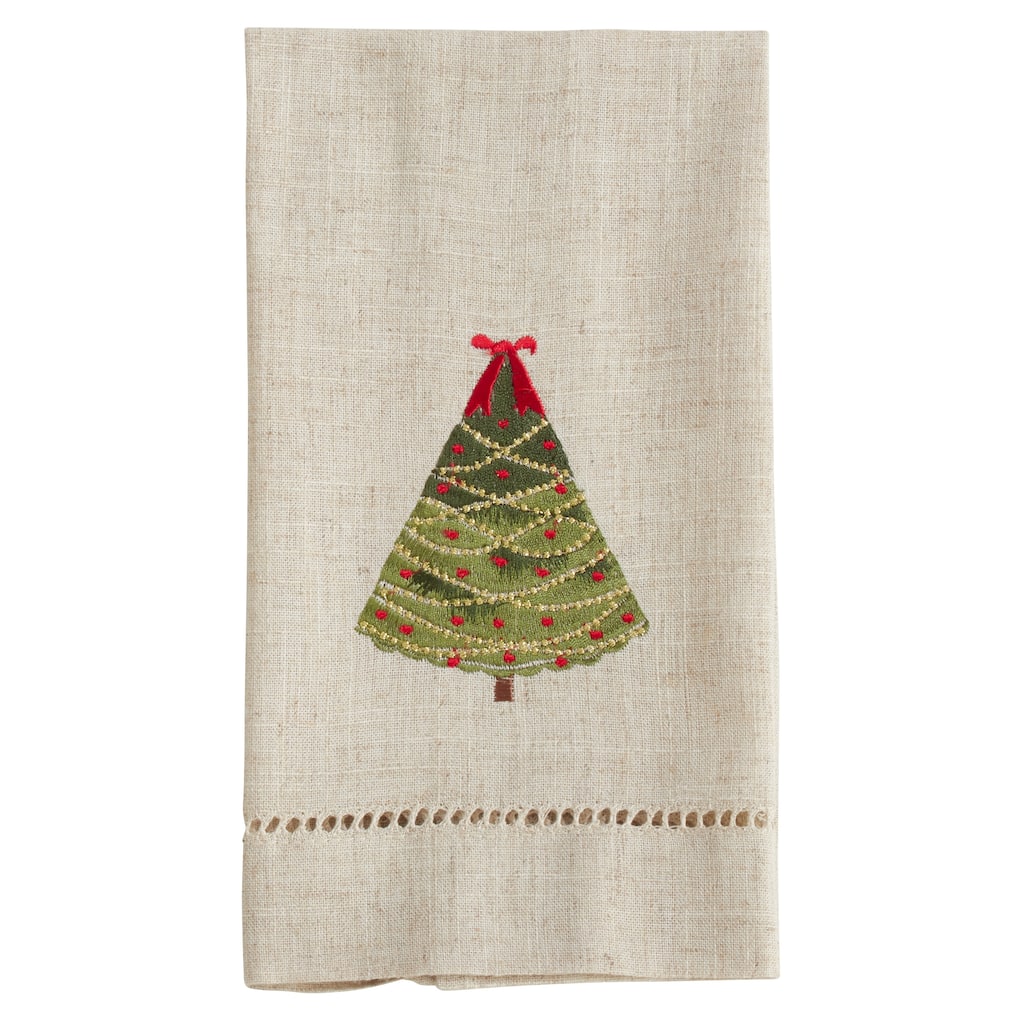Ribbon Christmas Tree Design Embroidered and Hemstitched Guest Towels (Set of 4)