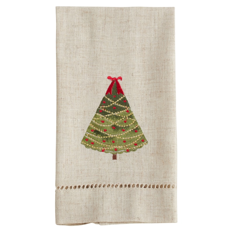 Ribbon Christmas Tree Design Embroidered and Hemstitched Guest Towels (Set of 4)