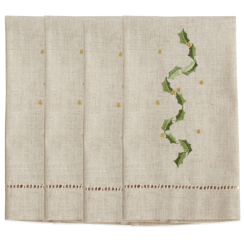 Holly Leaves Embroidered and Hemstitched Guest Towels (Set of 4)