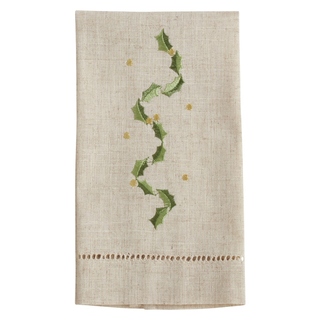 Holly Leaves Embroidered and Hemstitched Guest Towels (Set of 4)