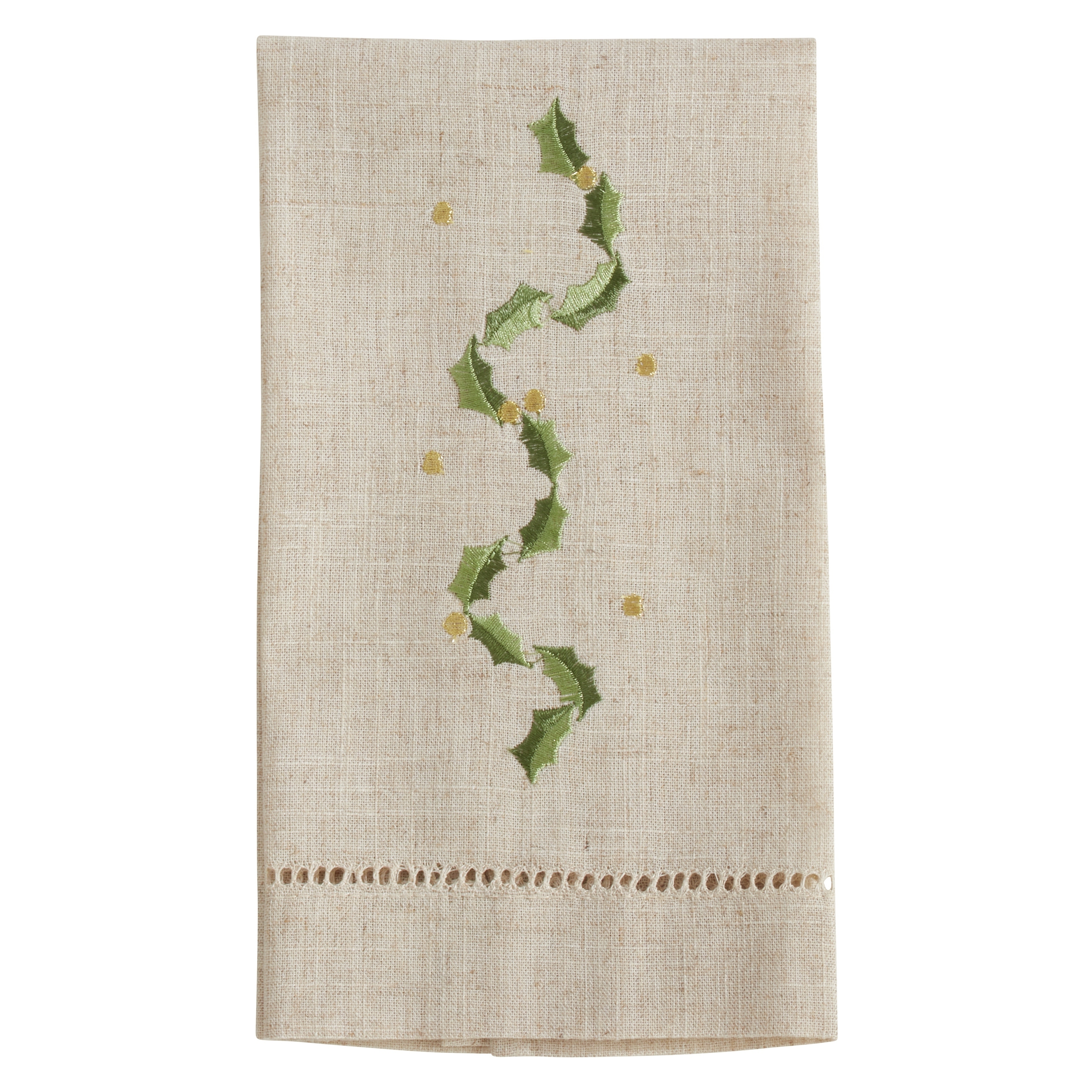 Holly Leaves Embroidered and Hemstitched Guest Towels (Set of 4)