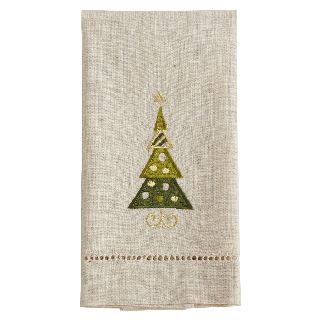Christmas Tree Design Embroidered and Hemstitched Guest Towels (Set of 4)