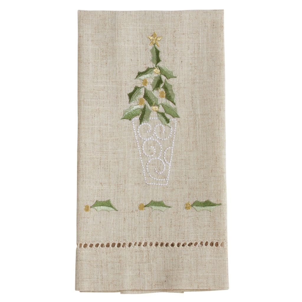 Topiary Design Embroidered and Hemstitched Guest Towels (Set of 4)