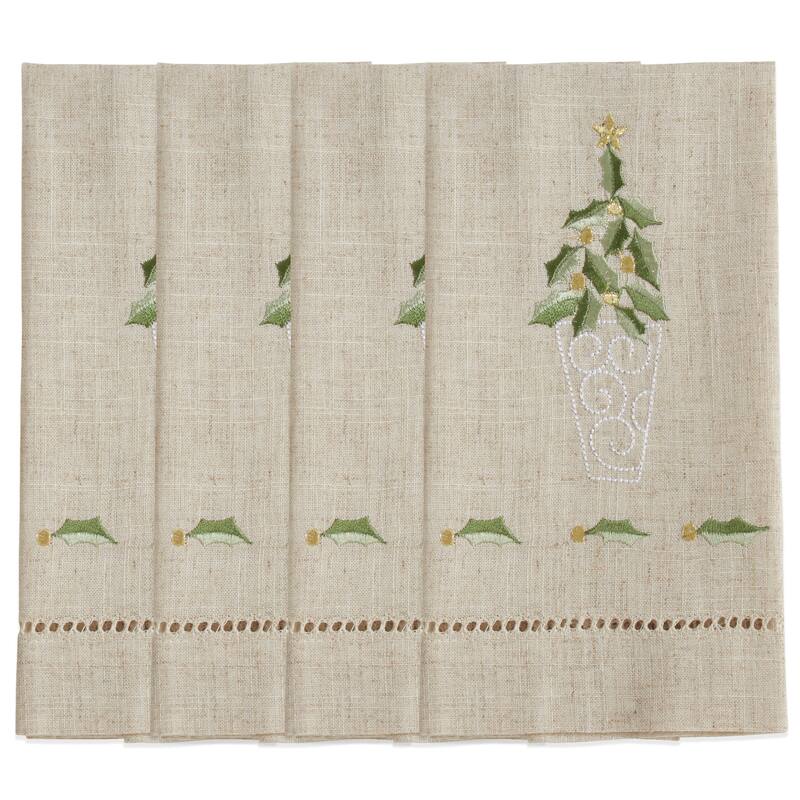 Topiary Design Embroidered and Hemstitched Guest Towels (Set of 4)
