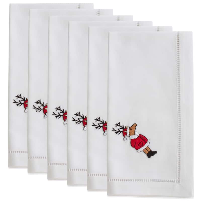 Cotton Napkins With Embroidered Reindeer Design (Set of 6)