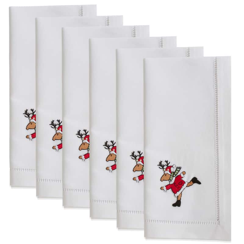 Cotton Napkins With Embroidered Running Reindeer Design (Set of 6)