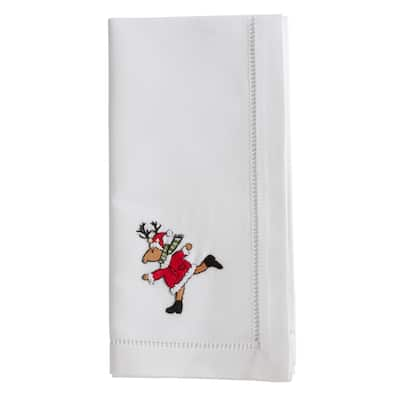 Cotton Napkins With Embroidered Running Reindeer Design (Set of 6)