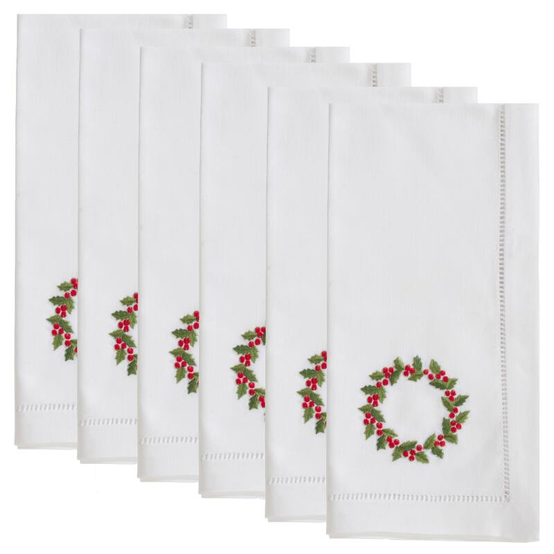 Cotton Napkins With Embroidered Wreath Design (Set of 6)