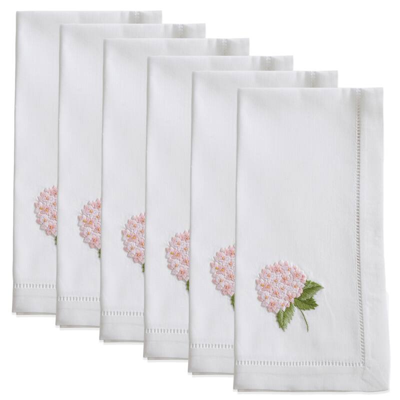 Hemstitch Napkins With Embroidered Pink Hydrangea Design (Set of 6)