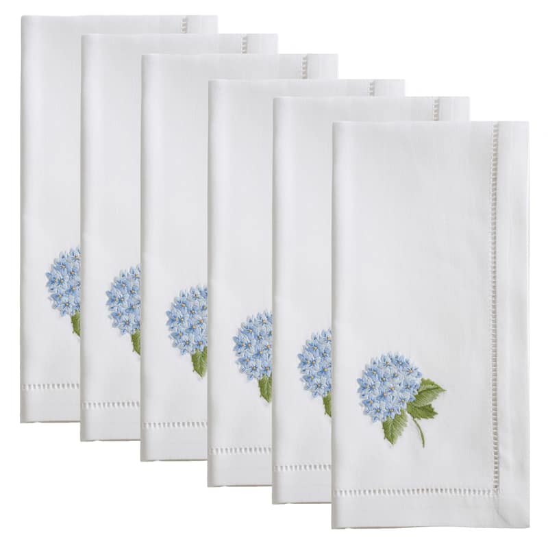 Hemstitch Napkins With Embroidered Blue Hydrangea Design (Set of 6)