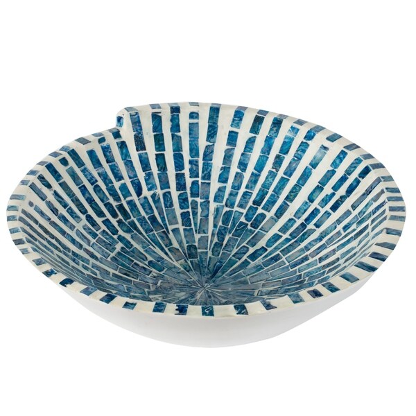 Costal and Cottage 15-inch Pearl Blue and White Mosaic Tile Decorative Bowl