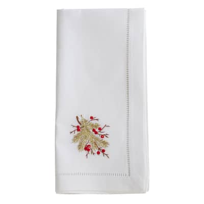 Cotton Napkins with Embroidered Berry Branch Design (Set of 6)