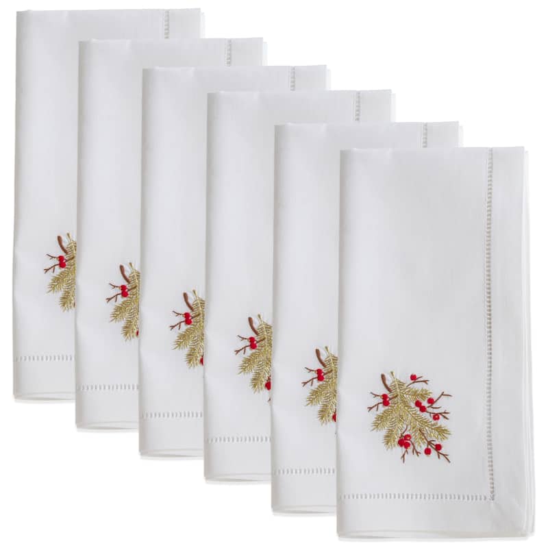 Cotton Napkins With Embroidered Berry Branch Design (Set of 6)