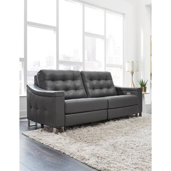Evans Grey Top Grain Leather Power Reclining Tufted Sofa and Two Chair