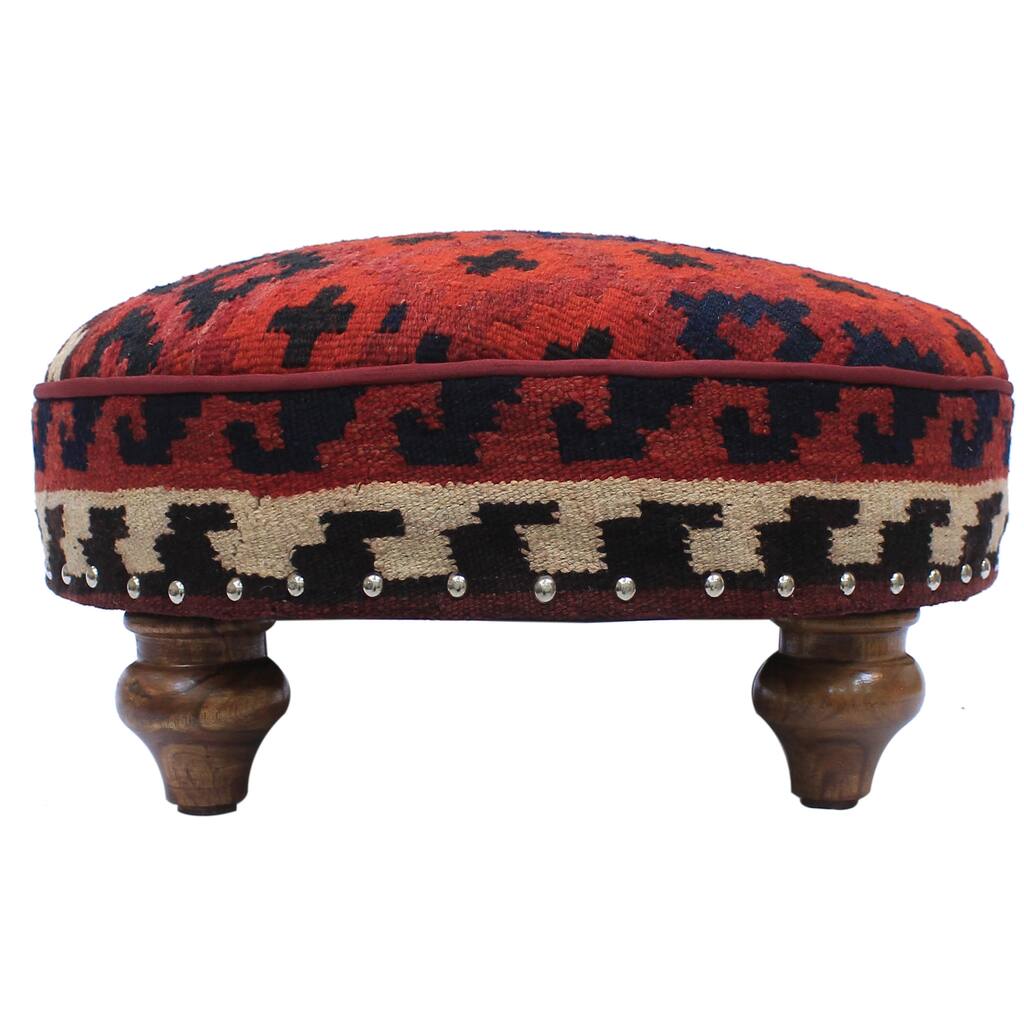 Bruce Red/Blue Kilim Upholstered Handmade Cocktail Ottoman