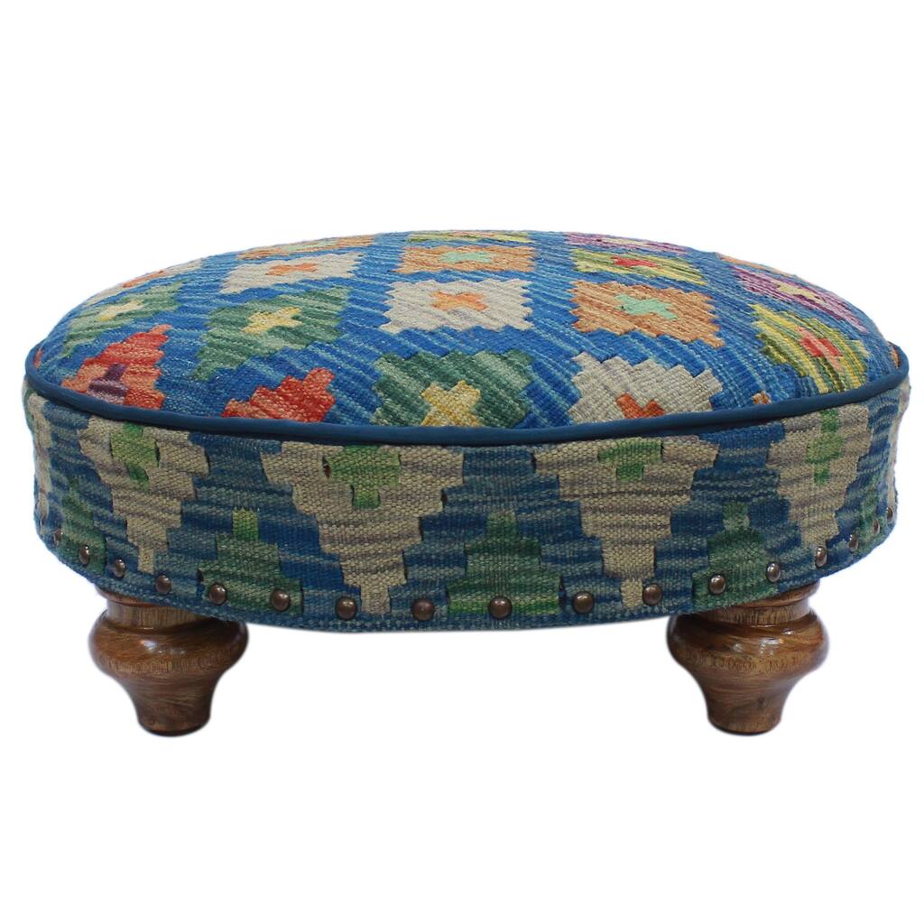 Nicholas Blue/Purple Kilim Upholstered Handmade Cocktail Ottoman