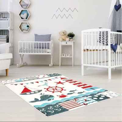 LaDole Rugs Adorable Modern Moda Kids Area Rug with Nautical White
