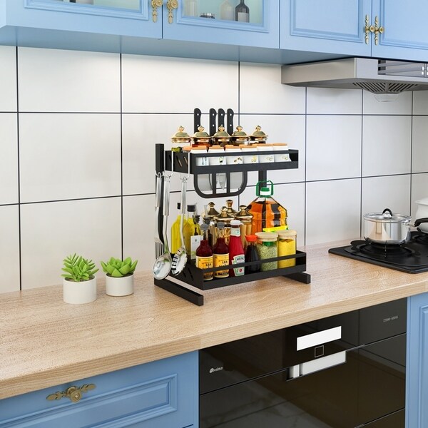 Shop Stainless Steel Black 2 Tier Spices Rack, All in One Kitchen Space Saver Overstock 29677609