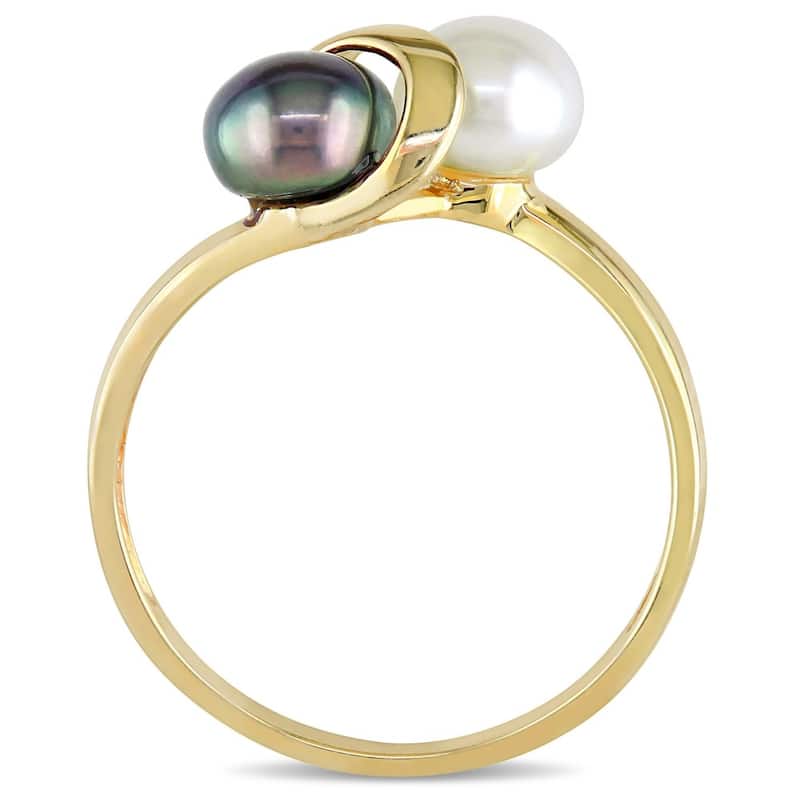 Miadora 10k Yellow Gold Black and White Cultured Freshwater Pearl Bypass Ring (5.5 - 6mm)