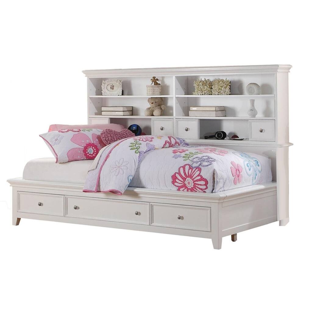 Contemporary Style Full Size Bed with Bookcase Headboard and Multiple Storage, White