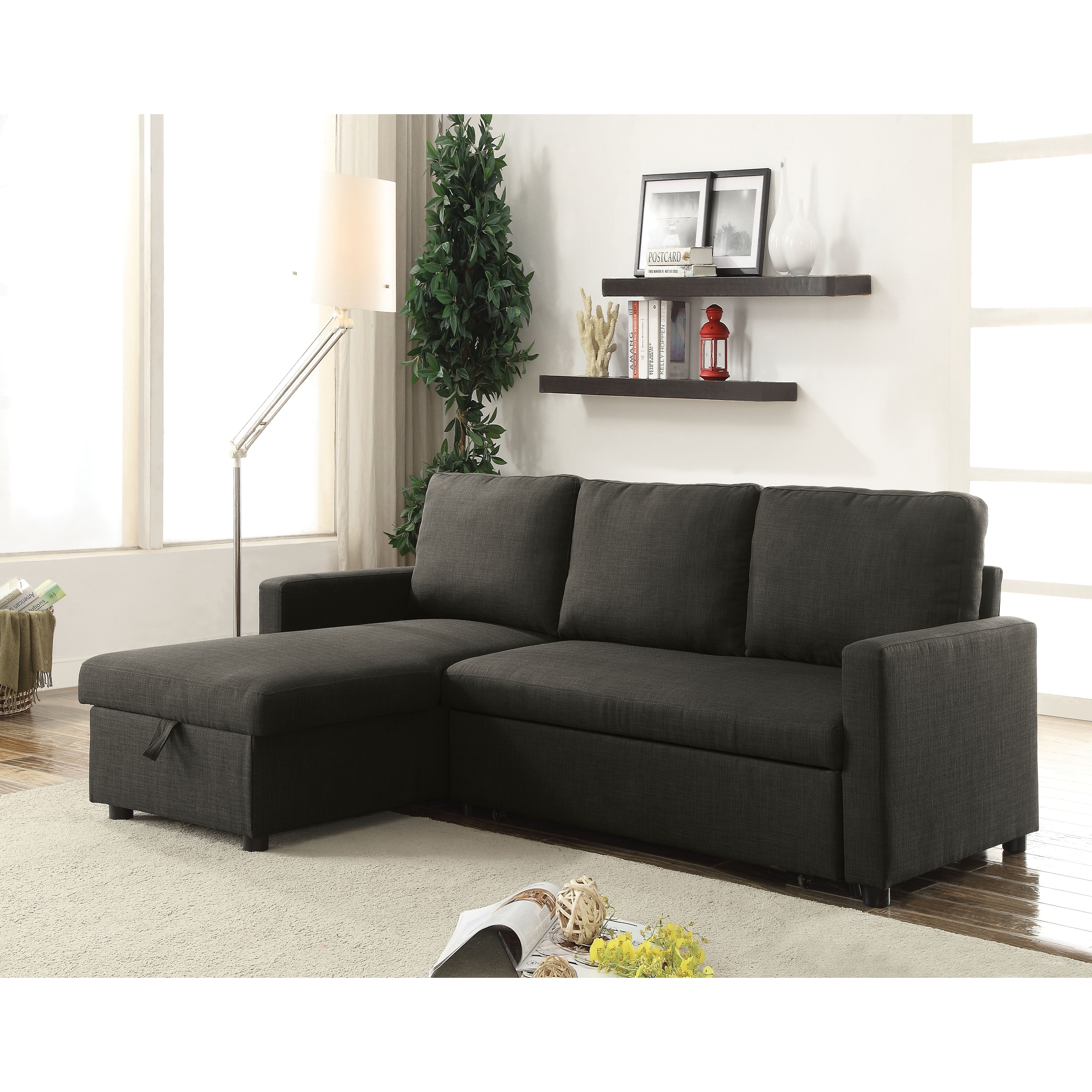 Benjara Fabric Upholstered Sectional Sofa with Pull Out Sleeper and Hidden Storage, Black