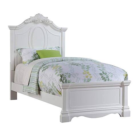 Traditional Style Wooden Full Size Bed with Crown Carved Headboard, White
