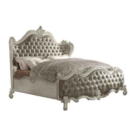 Scrolled Queen Size Wooden Bed with Button Tufted Padded Headboard and Footboard, Gray and White