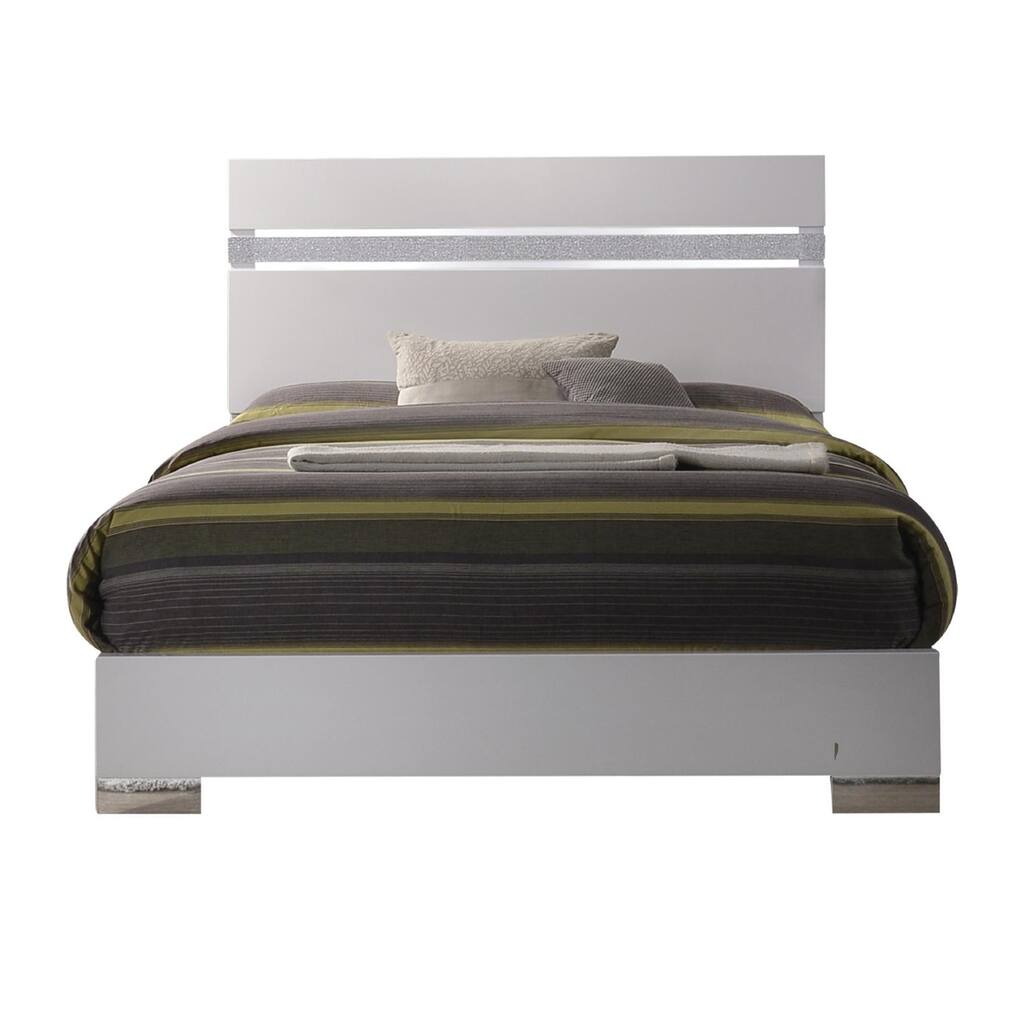 Wooden queen size bed with block legs and Crystal Accented Headboard, White