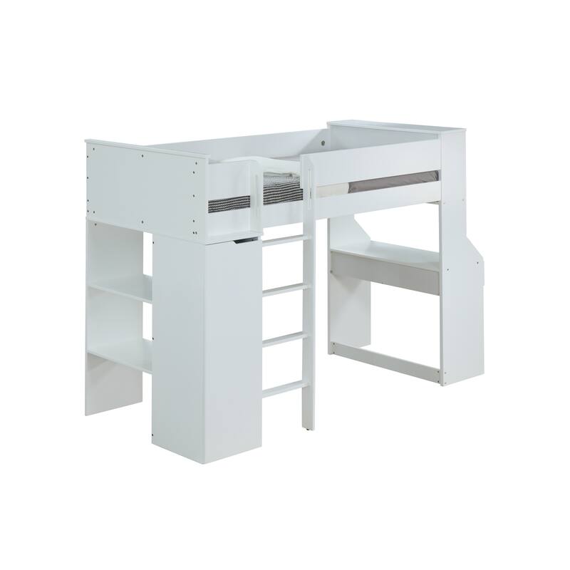 Wooden Twin Size Loft Bunk Bed with Workstation and Ladder, White - Twin