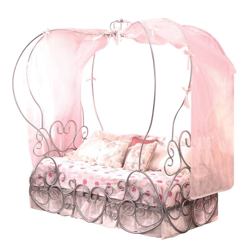 Classic Metal Twin Size Canopy Bed with Scrollwork Design, Silver