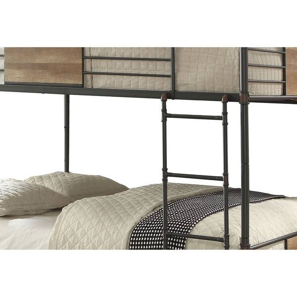 Queen Over Queen Size Metal Bunk Bed with Ladder, Black and Brown On