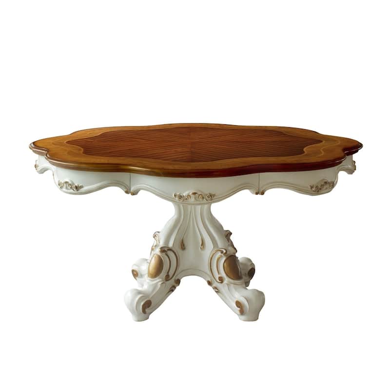 Wooden Top Dining Table with Pedestal Feet, Antique Pearl & Cherry Oak