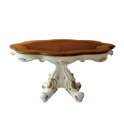 Wooden Top Dining Table with Pedestal Feet, Antique Pearl & Cherry Oak