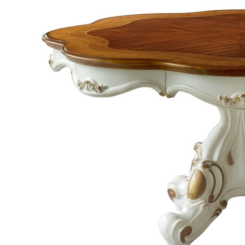 Wooden Top Dining Table with Pedestal Feet, Antique Pearl & Cherry Oak