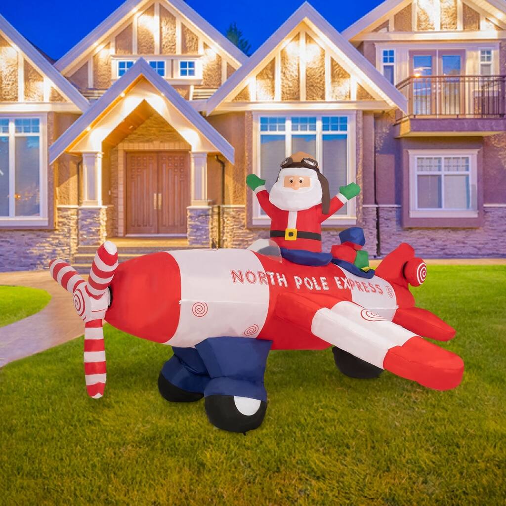 Kinbor 8 Foot Christmas Inflatable, Santa Claus Flying Airplane Yard Decoration, Xmas Airblown Decor