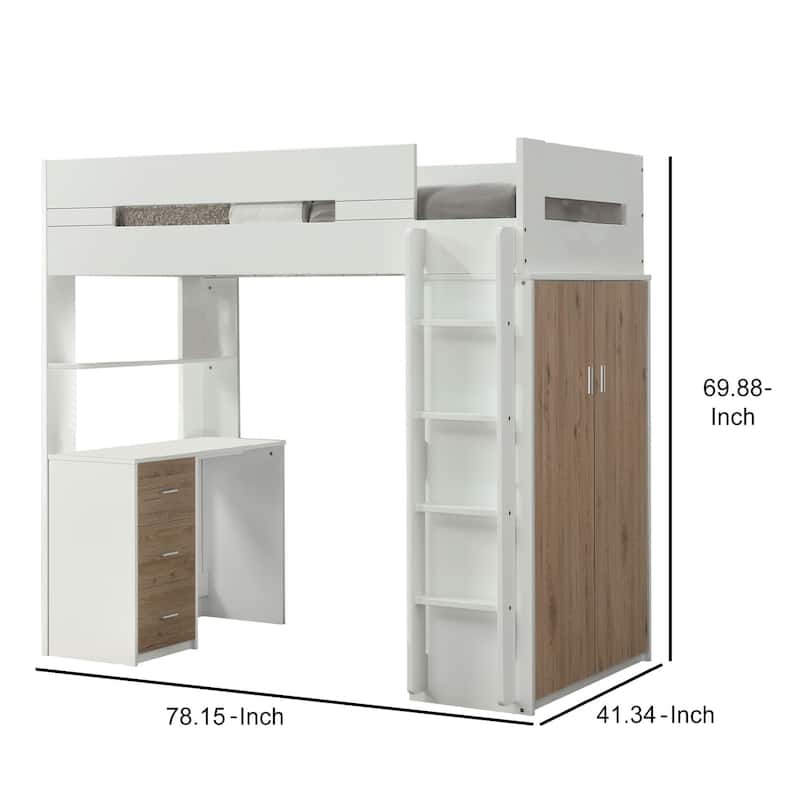 Wooden Twin Size Loft Bunk Bed with Workstation, White and Brown
